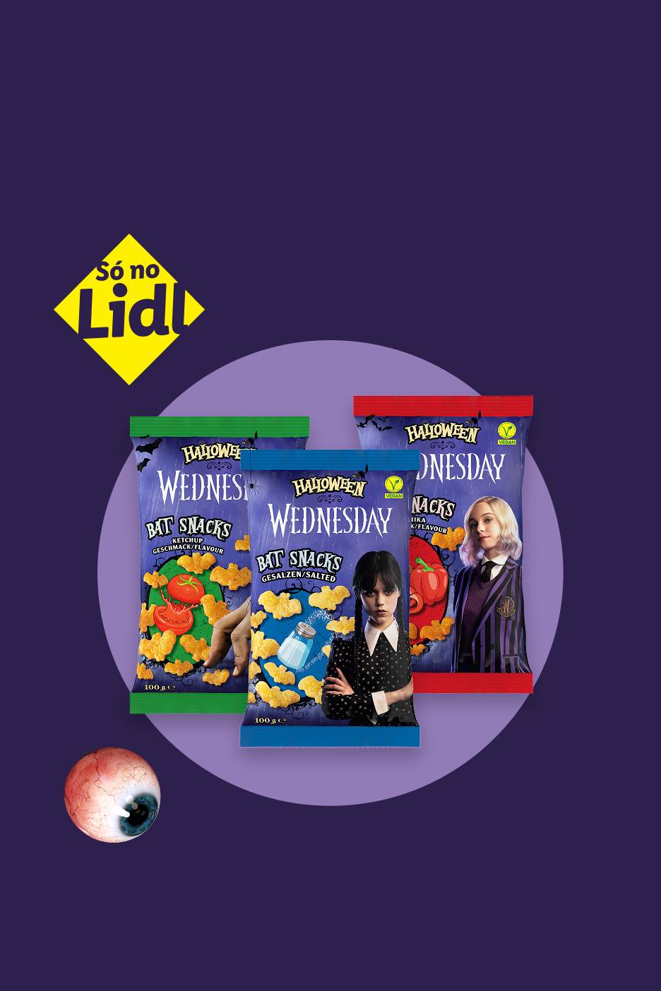 Salgadinhos Bat Snacks temáticos de Halloween e Wednesday, disponíveis no Lidl.