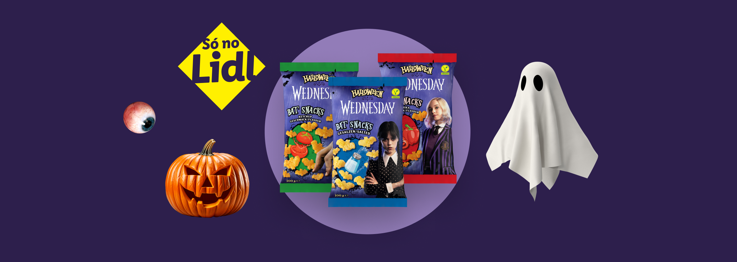 Três pacotes de Bat Snacks da Wednesday, com abóbora, olho e fantasma, e o logo 'Só no Lidl'.