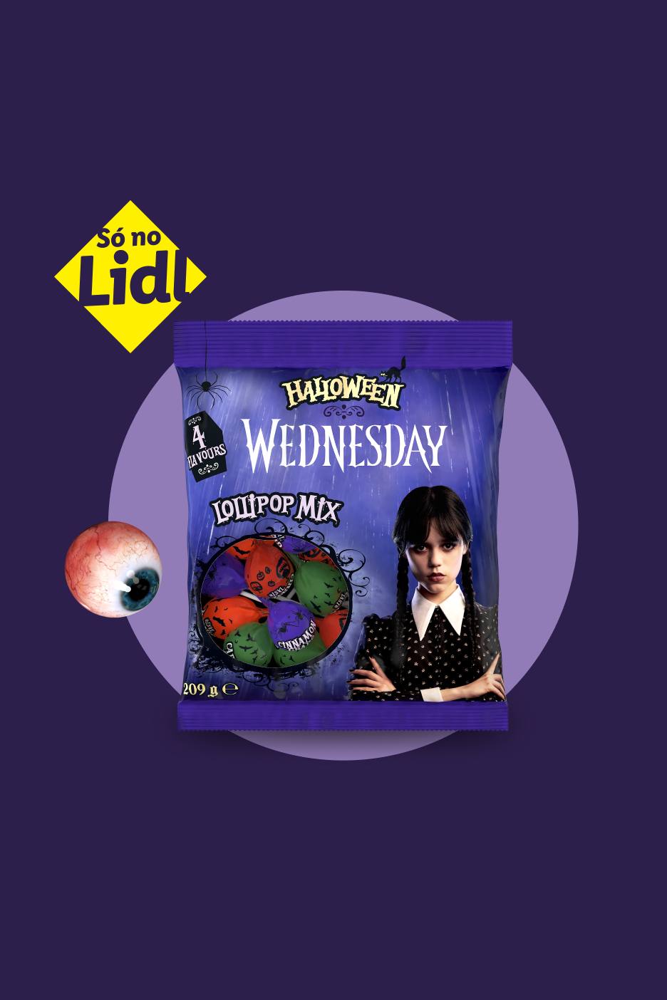 Embalagem de chupa-chupas Halloween Wednesday com a personagem Wednesday Addams, à venda no Lidl.