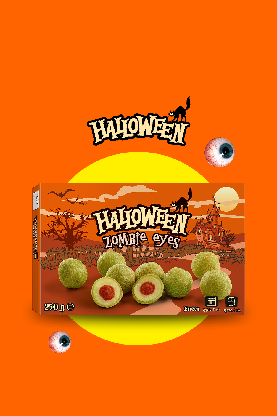 Caixa de Halloween Zombie Eyes com bolas verdes e recheio vermelho, sobre fundo laranja.