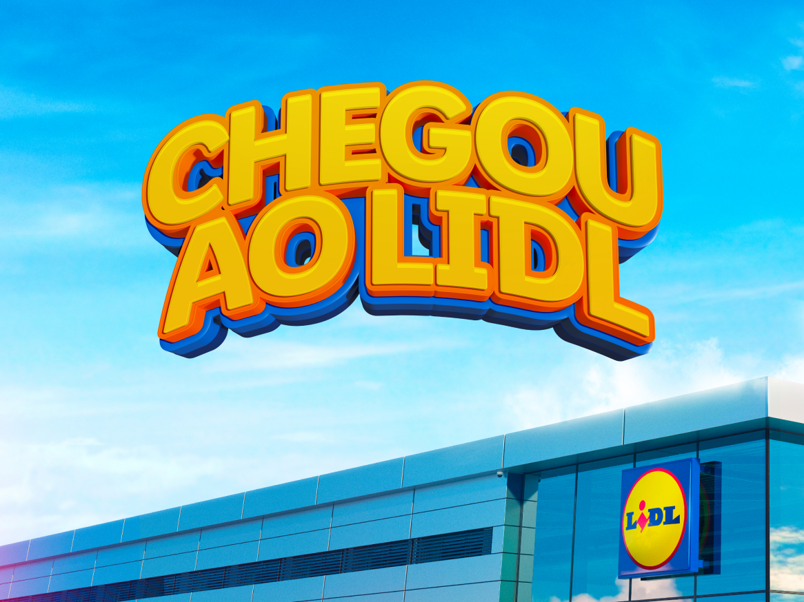 Anuncio da chegada do Lidl com o texto 'Chegou ao Lidl' em 3D.