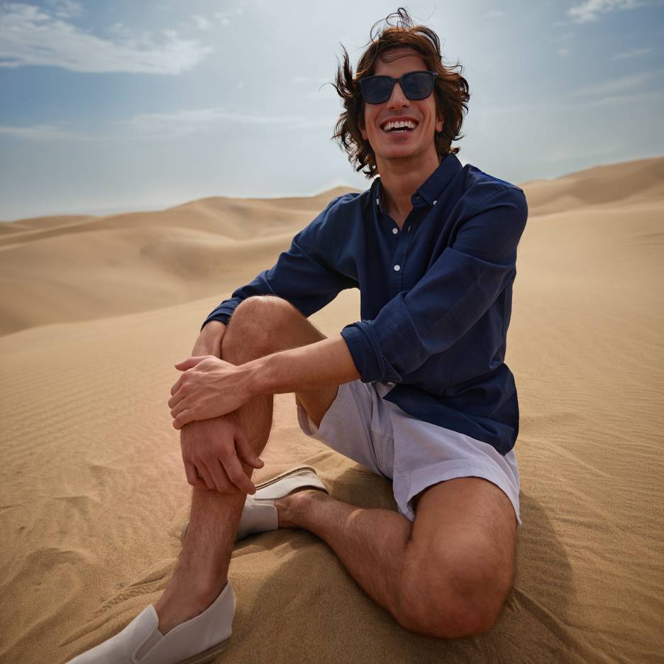 Homem sorridente de camisa azul e calções, sentado nas dunas de areia.