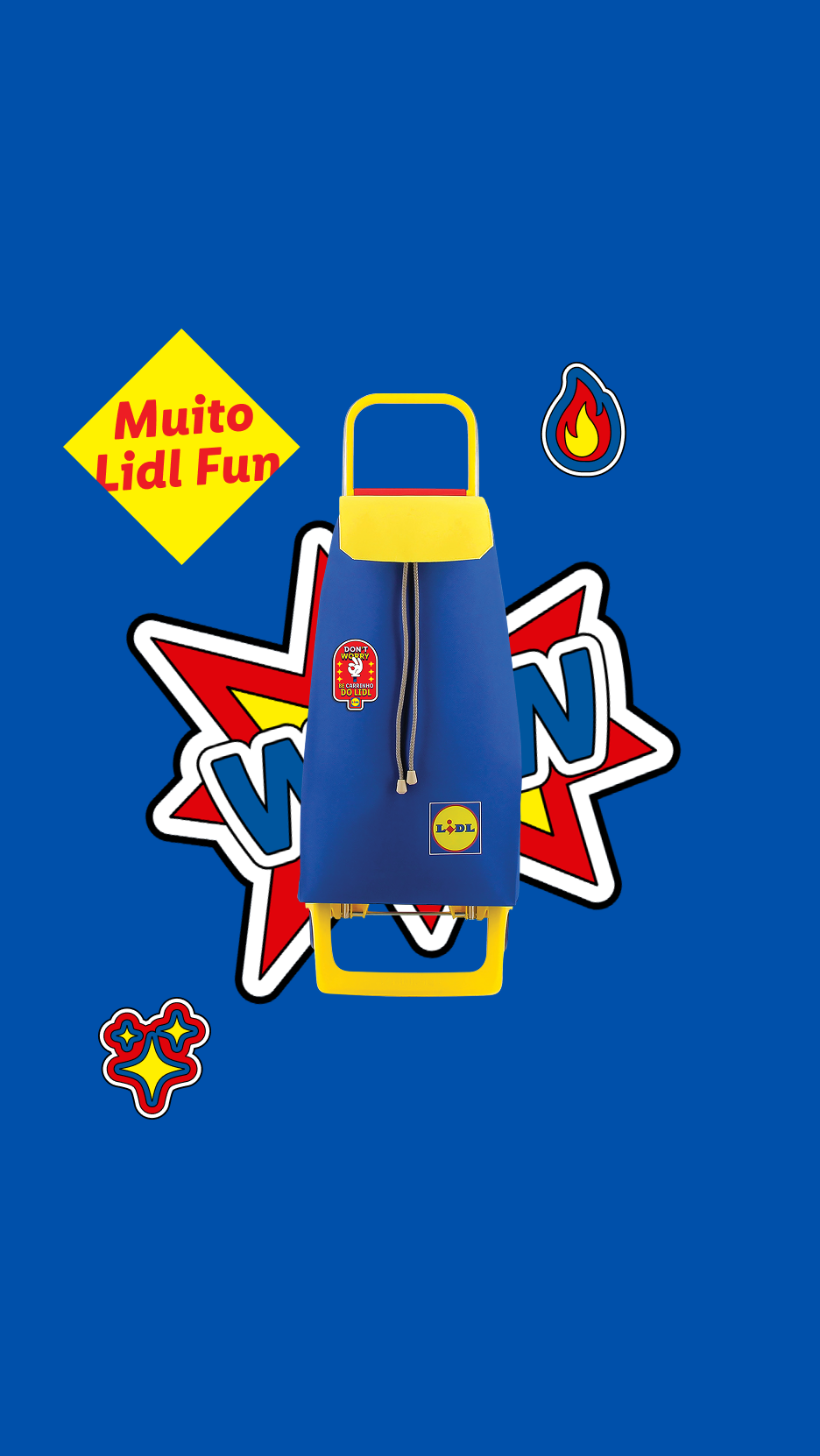 Carrinho de compras Lidl azul e amarelo com autocolantes divertidos e texto 'Muito Lidl Fun'.