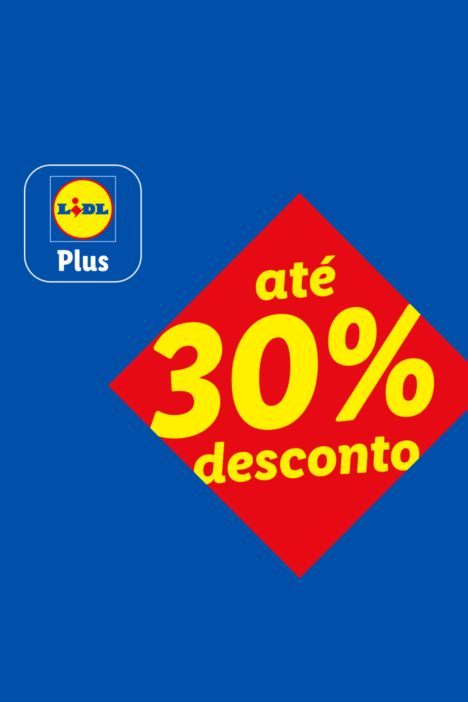 Logótipo Lidl Plus e um diamante vermelho com 'até 30% desconto' em amarelo.