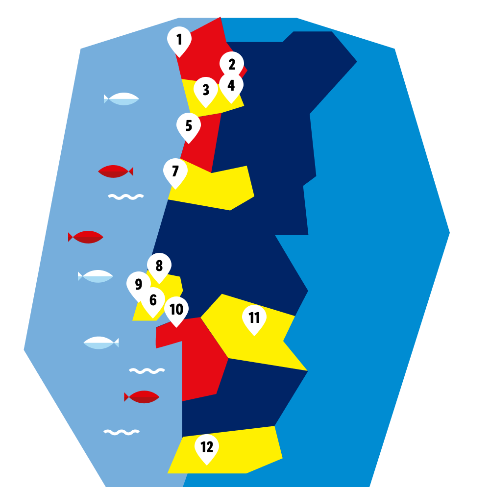 Mapa colorido com 12 locais numerados, mostrando áreas em vermelho, amarelo e azul-escuro.