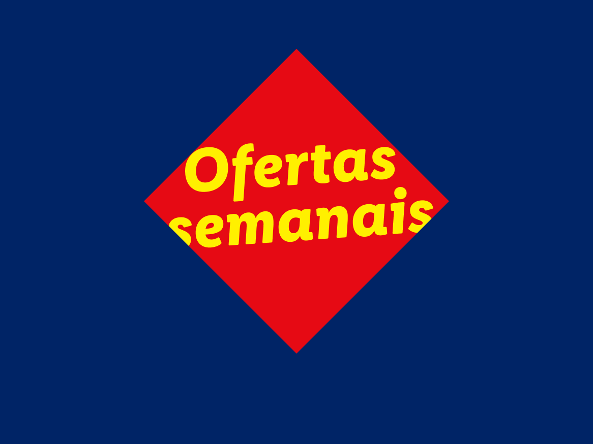 Ofertas semanais em destaque num losango vermelho sobre fundo azul.
