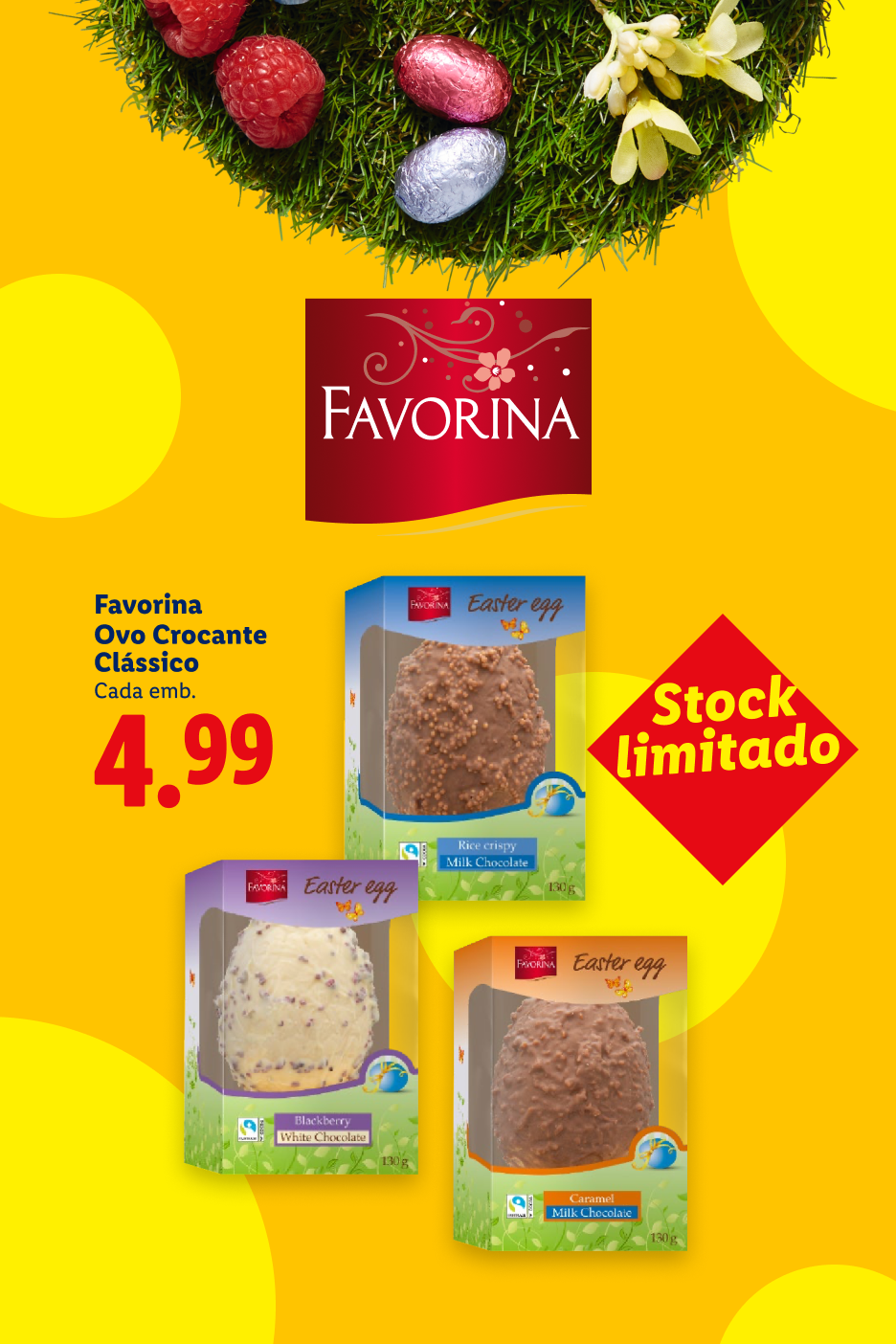 Ovos de Páscoa crocantes de chocolate de leite, chocolate branco e caramelo, com preço de 4,99€.