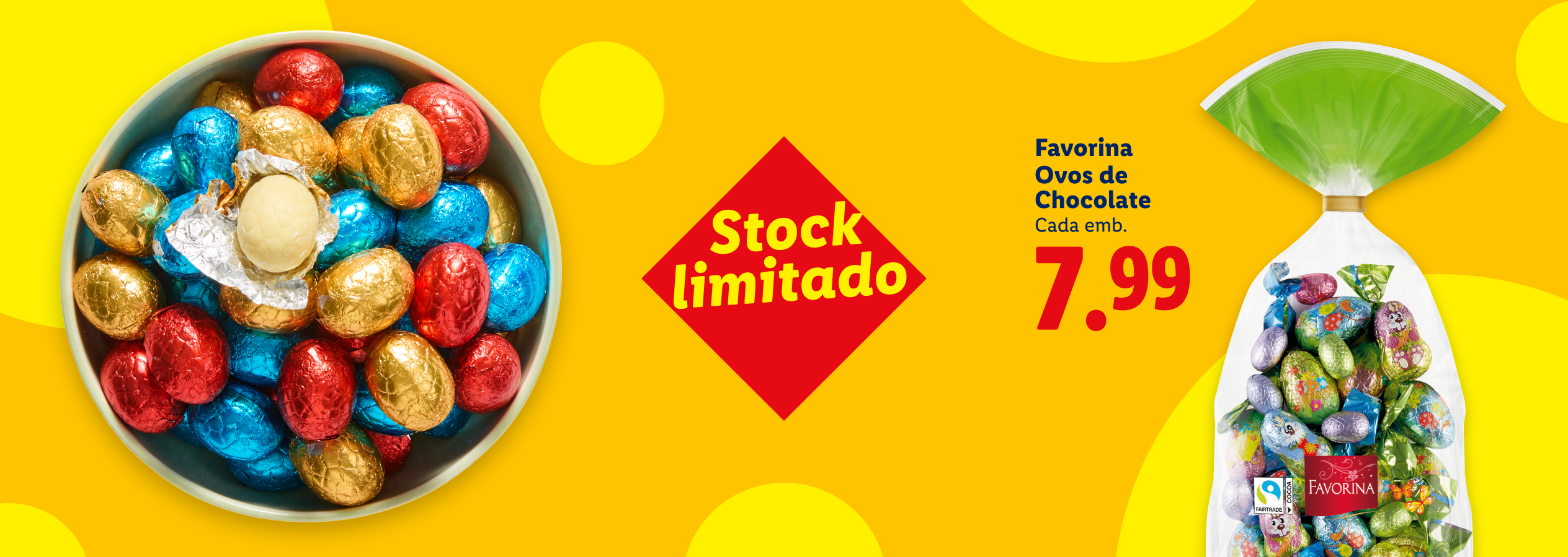 Ovos de chocolate coloridos em tigela e saco, com preço de 7,99€ e 'Stock limitado'.