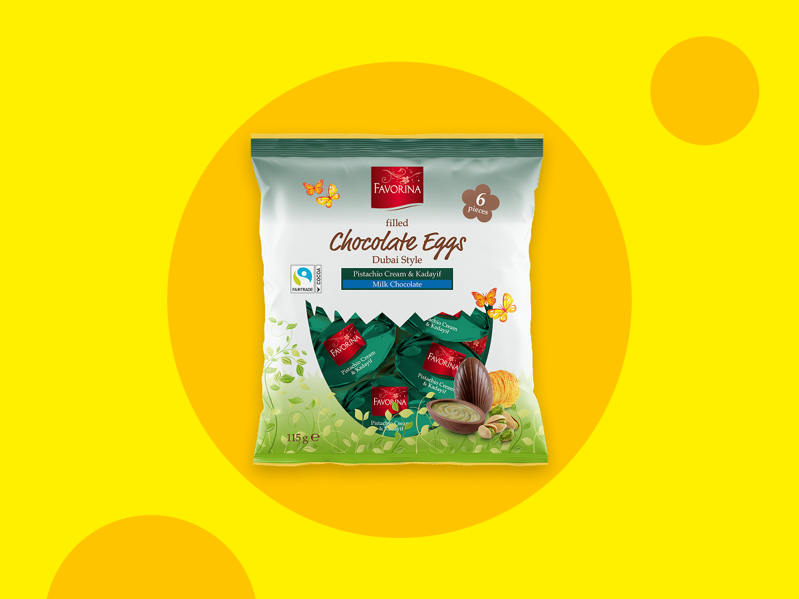 Embalagem de ovos de chocolate recheados com creme de pistácio e kadayif, estilo Dubai.