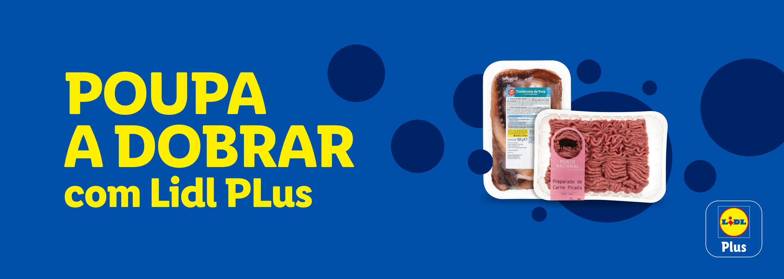 Embalagens de carne picada e tentáculos de pota, com texto 'POUPA A DOBRAR com Lidl Plus'.