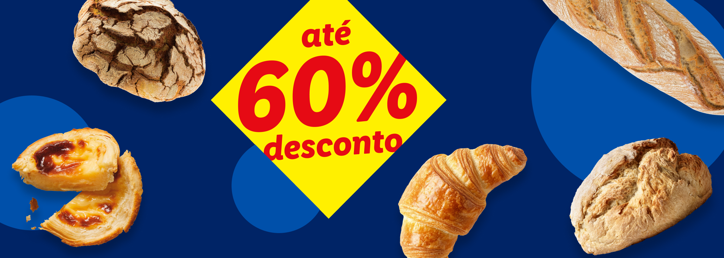 Pães e pastelaria variados com um desconto de até 60%.