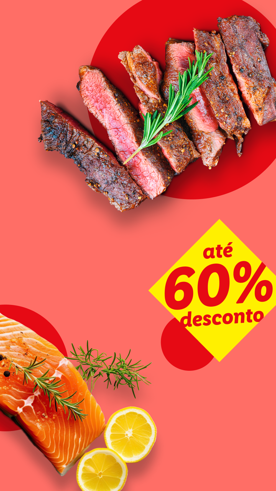 Bifes grelhados e salmão com limão e alecrim, com 60% de desconto.