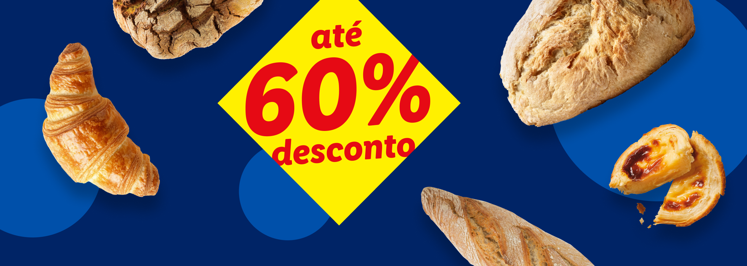 Pães e pastelaria variados com um desconto de até 60%.