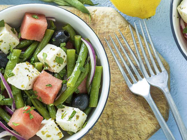 Salada de Melancia, Queijo de Vaca, Feijão Verde