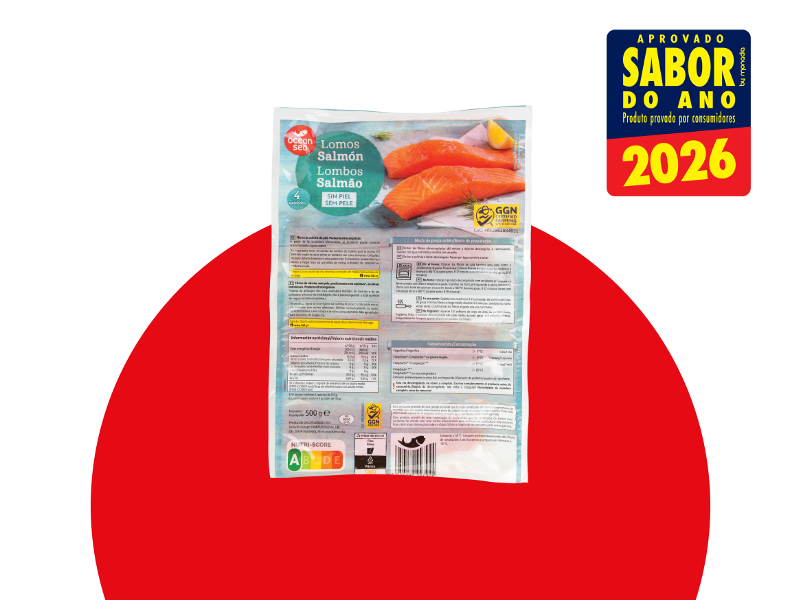 Embalagem de lombos de salmão sem pele com selo de aprovação Sabor do Ano 2026.