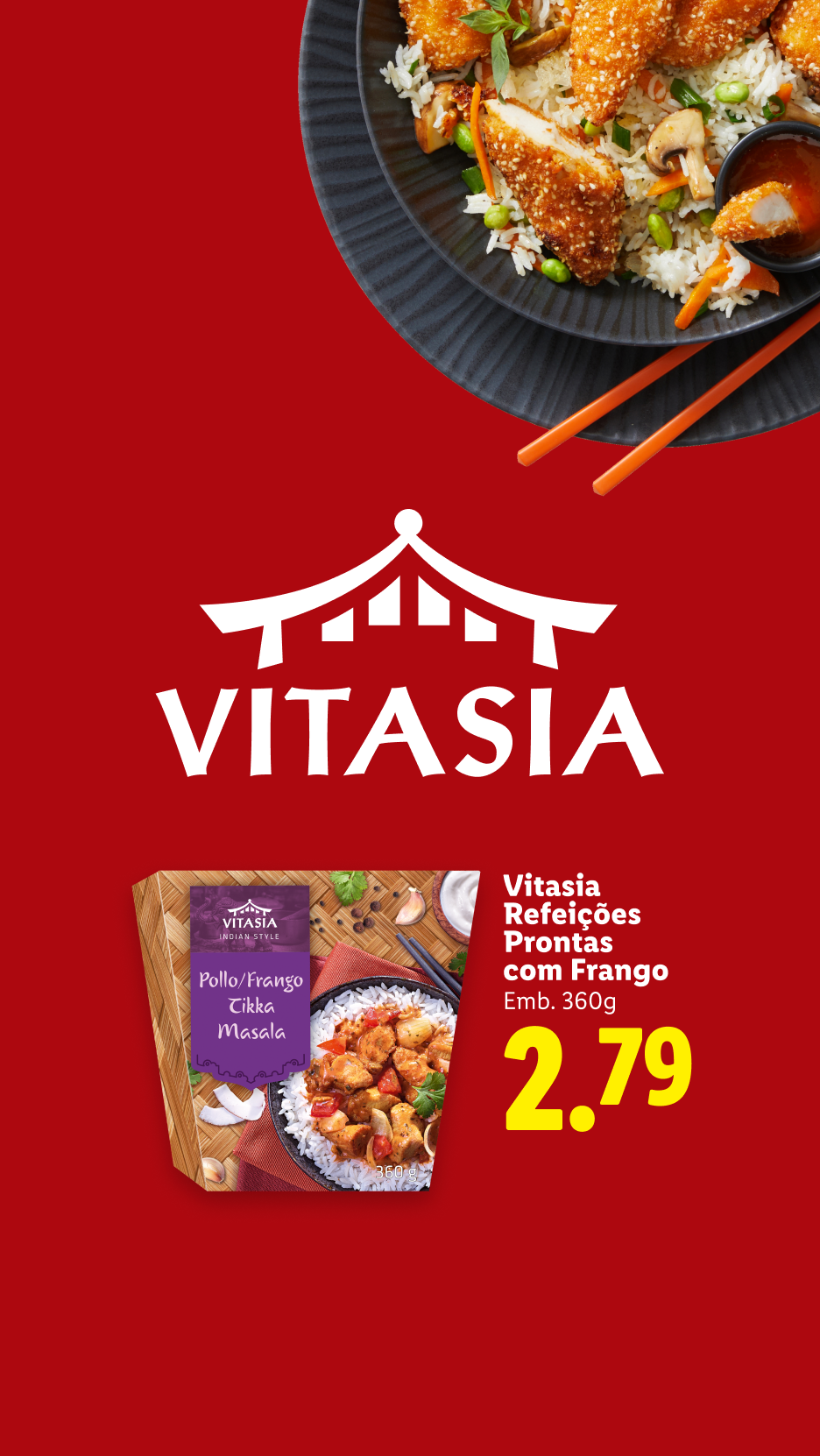 Refeições prontas de frango, incluindo frango tikka masala e frango panado com arroz, a 2,79€.