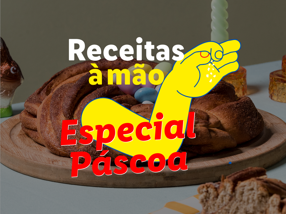 Pão doce de Páscoa com ovos coloridos e texto 'Receitas à mão Especial Páscoa'.