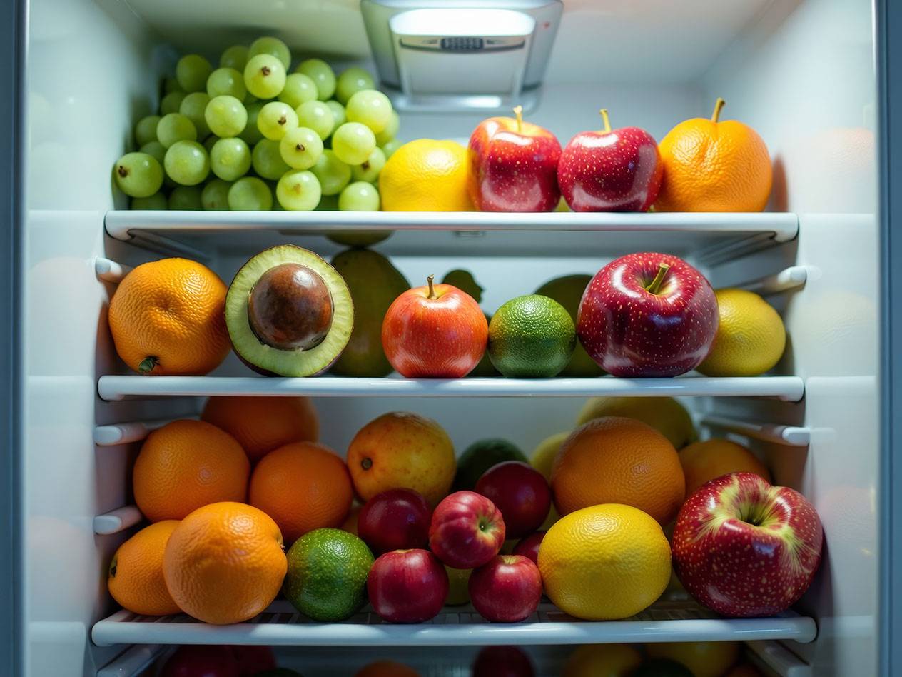 Uvas verdes, maçãs, laranjas e abacates na geladeira.
