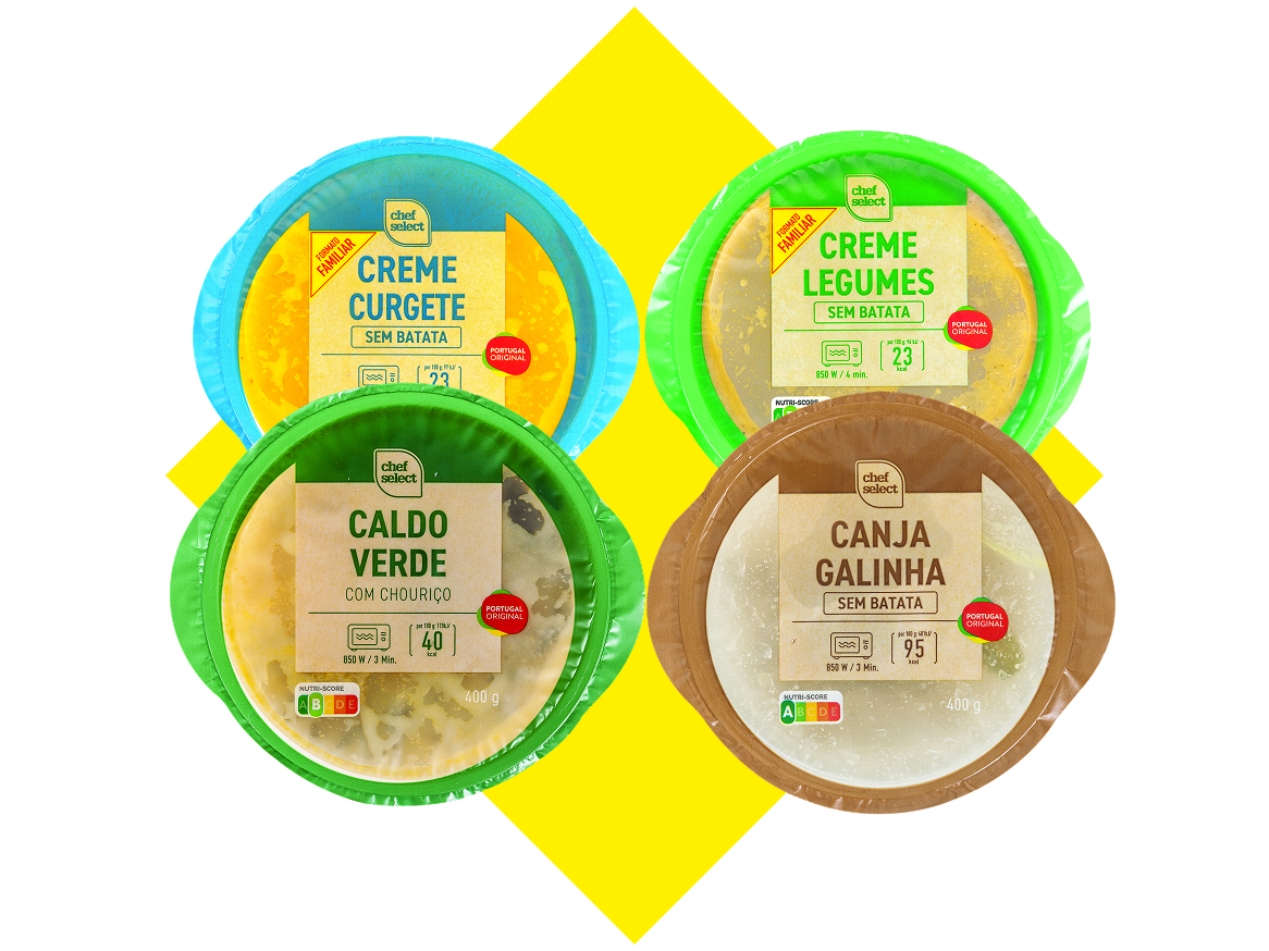 Sopas Chef Select: Creme de Curgete, Creme de Legumes, Caldo Verde com Chouriço e Canja de Galinha.