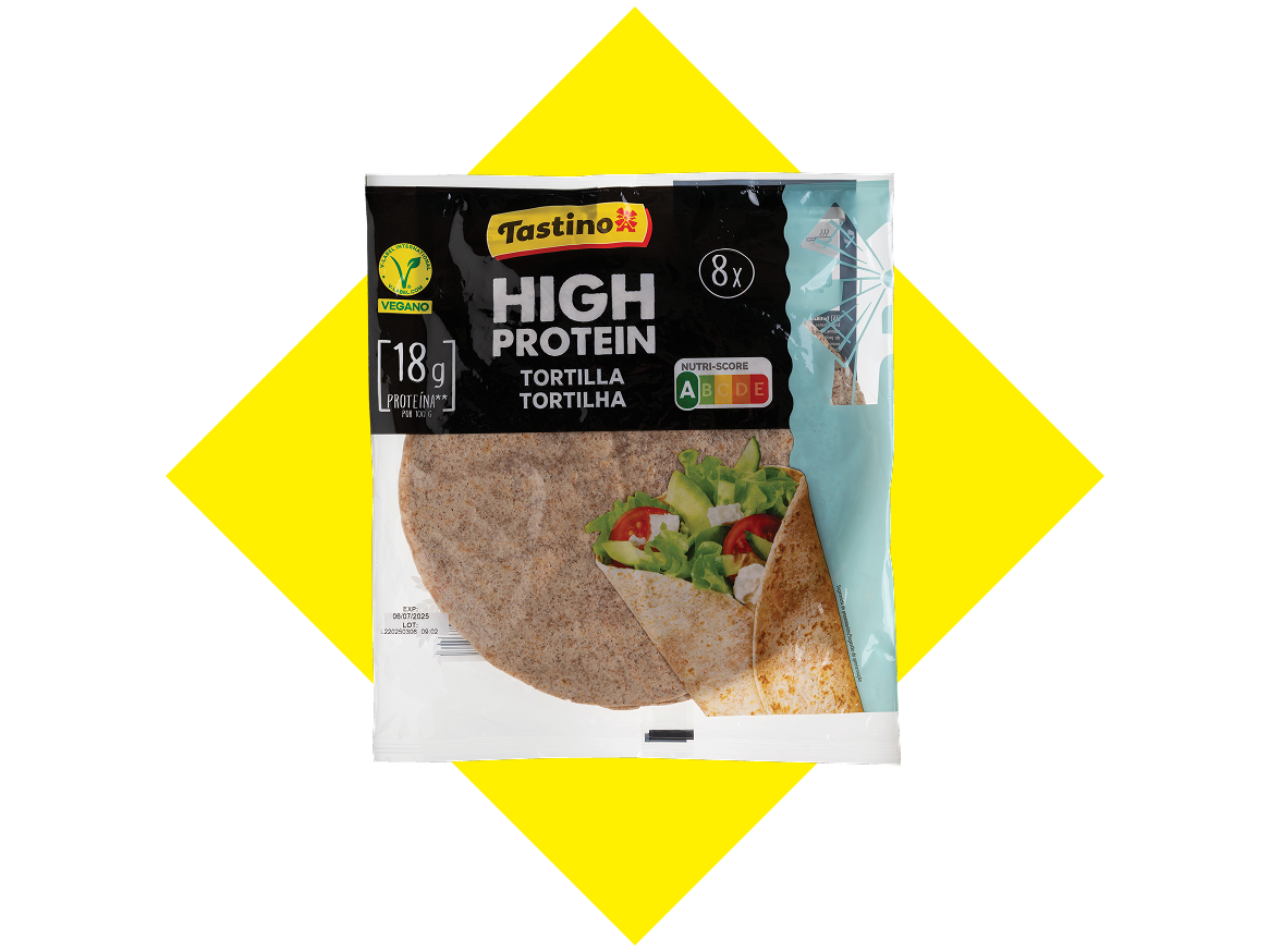 Tortilhas de alta proteína Tastino, veganas, com 18g de proteína por 100g e Nutri-Score A.