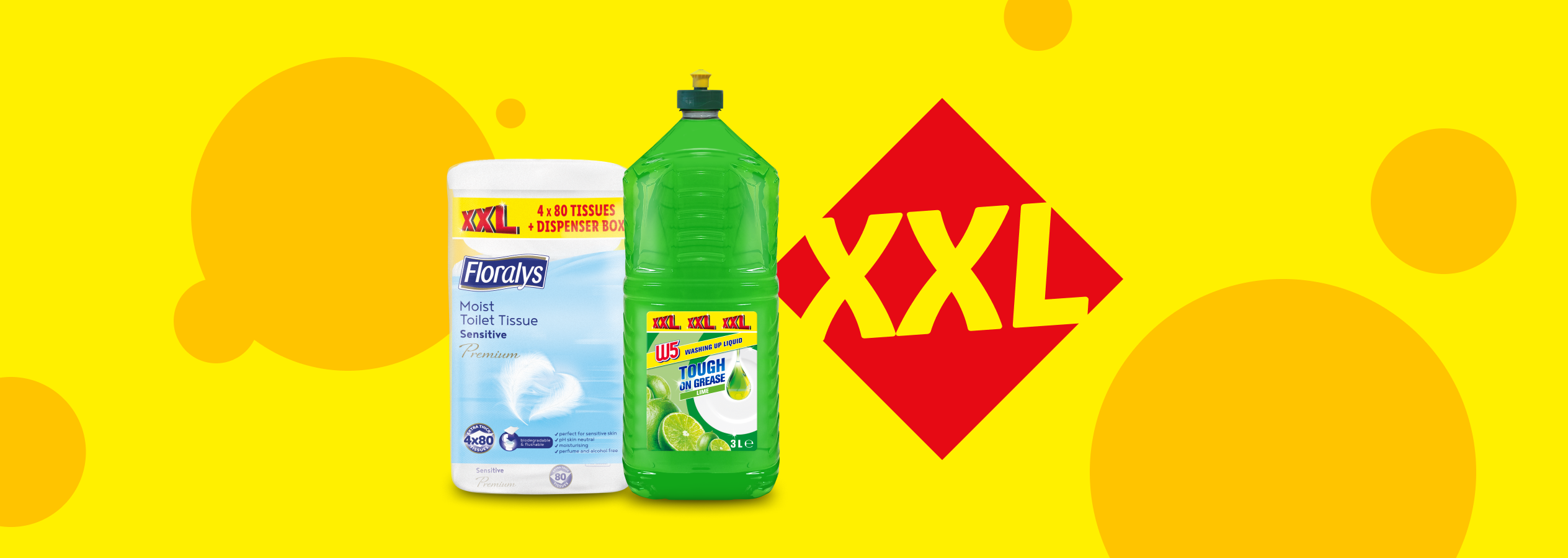 Toalhetes húmidos Floralys e detergente da loiça W5 XXL em fundo amarelo.